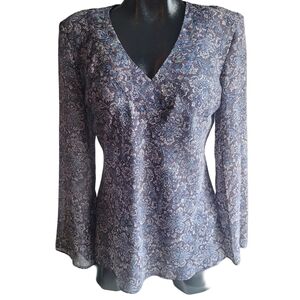 Fred David Blue and Grey Long Sleeve Paisley Print Blouse M
